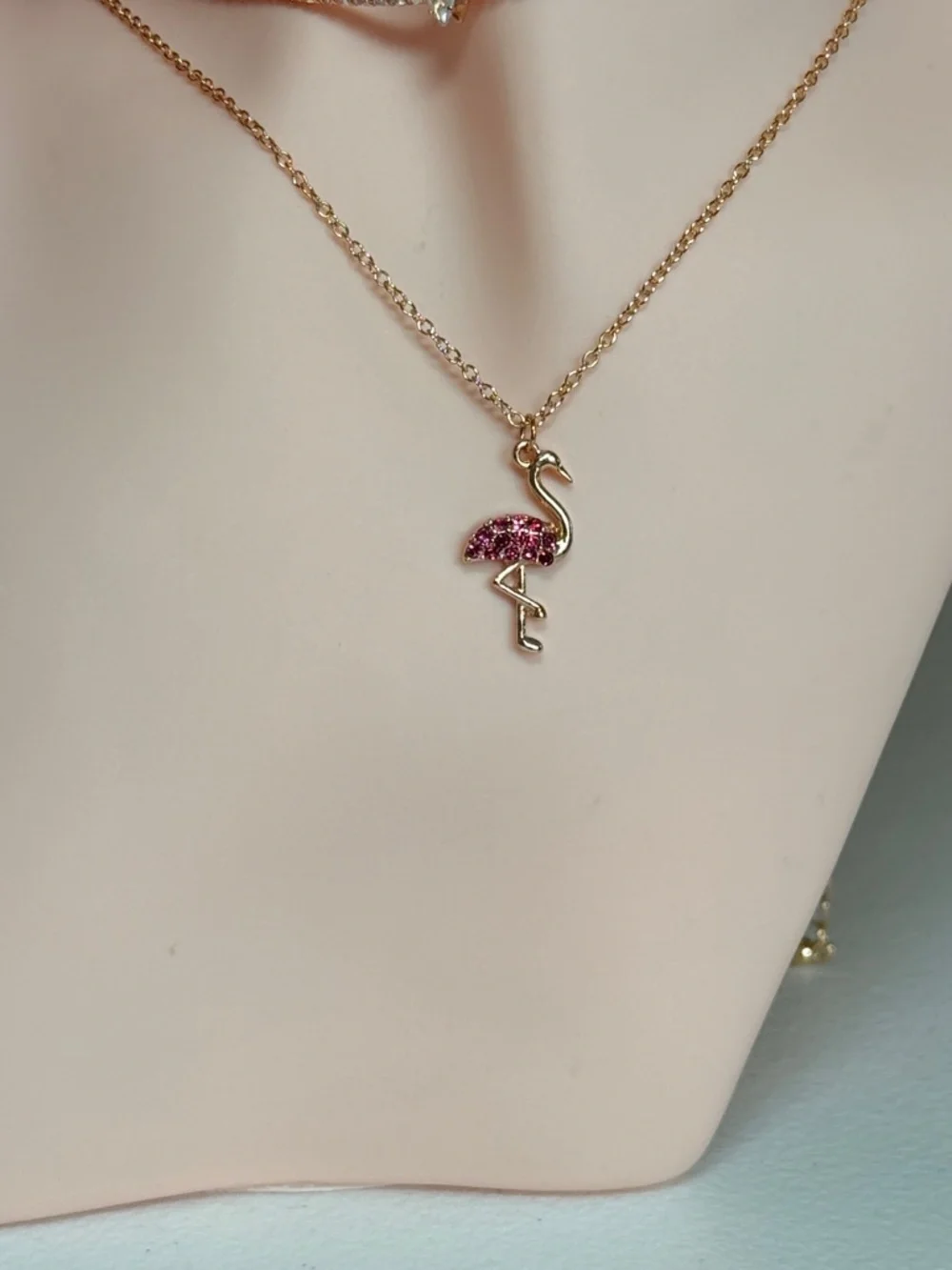 Gold Flamingo Pendant Necklace with Pink Crystal Accent